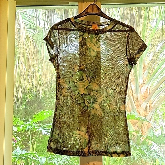 Judy Jr. Women's size small short sleeve see-through floral shirt with sparkles - Picture 6 of 12